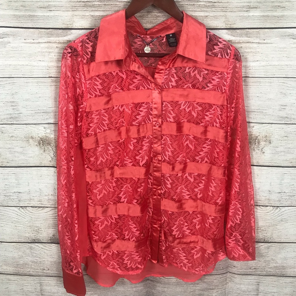 BKE Boutique coral lace long sleeve  top